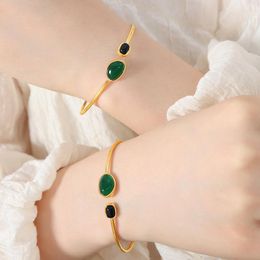 Bangle French Light Luxury Green Agate Asymmetric Stainless Steel Bracelet Charms Women Gold Colour Vintage Statement Jewellery