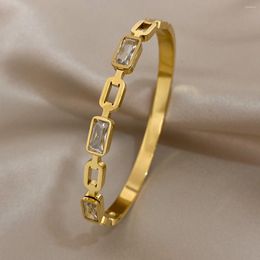 Link Bracelets Stylish Hollow Cubic Zirconia Stainless Steel Wrist Bangle Bracelet Charm 18K Gold Plated Waterproof Jewellery For Women