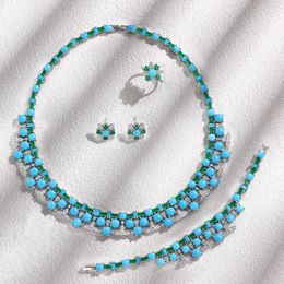 Necklace Earrings Set 2023 Turquoise 4-Piece Bridal Wedding Jewellery Cubic Zirconia Crystal Saudi Dubai Gift