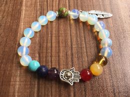 Strand 7 Chakra Bracelet Leaves Pendant Natural Stone 8MM Opal Bracelets Palm Mala Beads Wrist Prayer Yoga