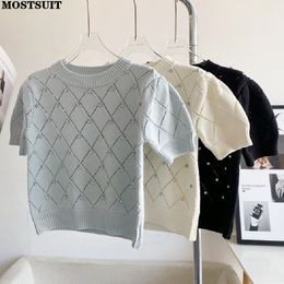 Women's Sweaters Diamonds Argyle Knitted Korean Sweater Women Summer Short Sleeve O-neck Knitwear Pullover Elegant Stylish Chic Tops Jumpers 230803