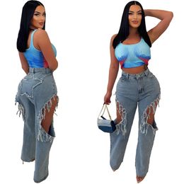 NEW Designer Baggy Ripped Jeans Women Fashion Loose Wide Leg High Waist Straight Pants Y2k Washed Blue Denim Trousers Bulk Wholesale Clothes Streetwear 9646