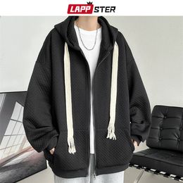 Mens Hoodies Sweatshirts LAPPSTER Ribbons Streetwear Y2k Zip Up Casual Korean Fashion Graphic Black 2000s Clothes Hooded 230803