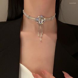 Choker FYUAN Korean Style White Oval Crystal Necklaces For Women Long Tassel Pendant Wedding Banquet Jewellery