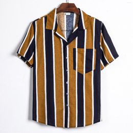 Men's T Shirts Cotton Linen Fashion Casual Top Summer Print Short Sleeve Button Down Colorblock Striped Oversized OL Business Shirt Tops