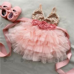 Girl s Dresses Shinny Flower Girls Dress for Kids Christmas Toddle Party Gown Gold Sequined Layered Tutu Children Year Clothing 230802