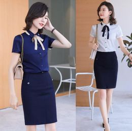 Women's Blouses Summer Ladies Work & Shirts For Women 2 Piece Skirt And Top Set Short Sleeve Navy Blue Office Uniform Styles