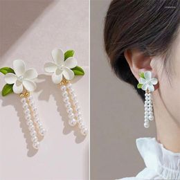 Dangle Earrings 2023 Korean Gardenia Flower For Women Fashion Elegant White Green Leaf Drop Earring Jewelry Gifts