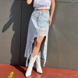 Skirts 2023 Street Women's Fashion Personality Denim Wash Water Pocket Slit Tassel Skirt Female Y2K