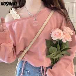 Women's Hoodies Sweatshirts KOSAHIKI Sweet Pink Cropped Hoodies Y2k Clothes Women Cat Embroidery Off Shoulder Loose Drawstring O-neck Sweatshirt Japan Style 230803