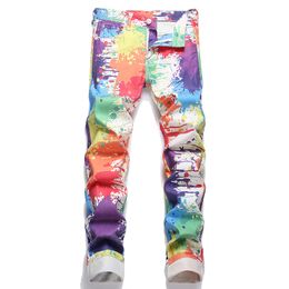 Slim-Fit Stretch Men's Jeans Summer Digital Print Floral Pants Casual Youth Style Mid-waist Cotton Trousers