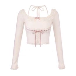 Women's T-Shirt Pink Japanese Style Kawaii Lolita Crop Top Women White Korean College Sweet Top Solid Bow Lace Franch Cute Princess Blouse 230802