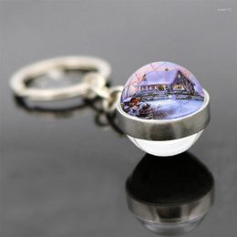 Keychains WG Christmas Snow House Keychain Pendant Time Gem&Stone Double-Sided Glass Ball Tree Scene