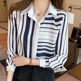 Women's Blouses Chiffon Blouse Korean Fashion Casual Long Sleeves Striped Print Summer Polo Shirt Houthion