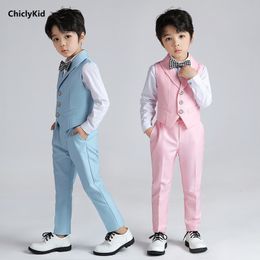 Suits Boy Candy Color Vest Kids Waistcoat Wedding Clothes Set Toddler Formal Dress Suits Child BowTie Shirt Pant Baby Gentlemen Outfit 230802