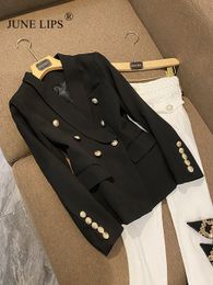 Women's Jackets JUNE LIPS All-Match Dusty Pink Green Blue Nude Black Blazer Jacket Women's Gold Buttons Double Breasted Blazer XS-5XL 230803