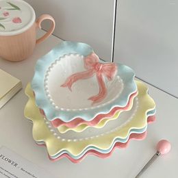 Bowls INS Wind Bowl Plate Cute Wave Edge Bow Knot Love Dot Ceramic Lace Tableware Girl Heart Home Rice Dessert