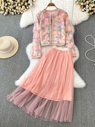 Two Piece Dress Autumn Luxury 3D Floral Embroidery Diamonds Beading Short Jacket Coat Tulle Mesh Long Skirt Women Sweet Pink Two Piece Set 230802