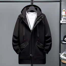 Men's Trench Coats Spring Autumn Long Coat Men Fashion Hooded Windbreaker Black Overcoat Casual Jackets Mens Outerwear Male Clothing