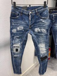 Men's Jeans 2023 Spring And Autumn Fashion Water Wash Worn Hole Patch Paint 3D Cut Small Feet Blue