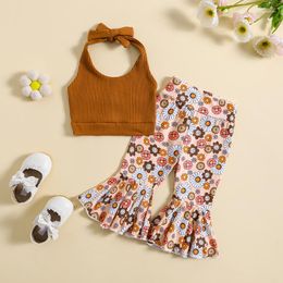 Clothing Sets Kids Girls Summer Clothes Suits Solid Colour Knit Rib Tie-Up Halter Neck Tank Tops Floral Print Flare Pants 2Pcs Suit