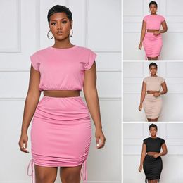 Work Dresses 2Pcs Women Crop Top Skirt Sets Round Neck Sleeveless Pullover Solid Colour High Waist Drawstring Tank Set Clothes