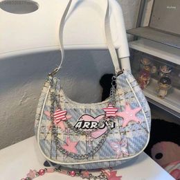School Bags Pink Patchwork Star Heart Butterfly Chains Y2k Subcultural One Shoulder Bag Spicy Girl Handbag Zipper Underarm