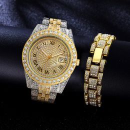 Wristwatches Full Iced Out Watches Mens Bracelet Green Water Ghost Bling Wriatwatch Jewelry for Male Gold Diamond Hip Hop Clocks Set Reloj 230802