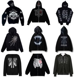 Men's Hoodies Sweatshirts Rhinestones Spider Web Skeleton Print Black Y2k Goth Long-sleeve Full Zip Hoodies Oversized Jacket American Fashion -selling 230802