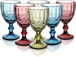 Szhome 10oz Wine Glasses Colored Glass Goblet with Stem 300ml Vintage Pattern Embossed Romantic Drinkware for Party Wedding
