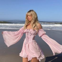 Basic Casual Dresses Women Fairy Pink Chiffon Mini Dress Chic Bandage Corset Vintage Long Puff Sleeve Sundress Slash Neck Bridesmaid Bodycon Beach 230802