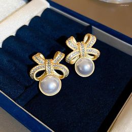 Stud Earrings Huitan Ly Designed Bow With Simulated Pearl For Women Luxury Gold Colour Accessory Wedding Party Trendy Jewellery