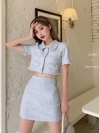 New design women's tweed short sleeve jacket and a-line skirt twinset 2 pc dress suit