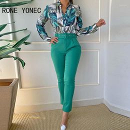 Women's Two Piece Pants 2023 Women Casual All Over Print Tops & Solid Long Sleeves Stand Collar With Belt Working Shirt Set