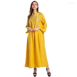Ethnic Clothing Gold Luxury Dress Stand Collar Triangle Embroidery Elegant Flare Sleeve Dresses Women Long