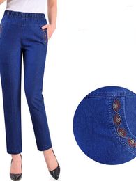 Women's Jeans Spring Summer Fashion Women Middle-aged Straight Pants Female Embroidery Thin Ladies Elastic Waist Stretch