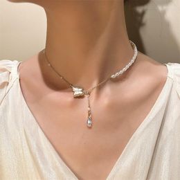 Choker Luxury Zircon Butterfly Crystal Pendant Pearl Necklace For Women Ladies Temperament Clavicle Chain Neck Chokers Jewellery