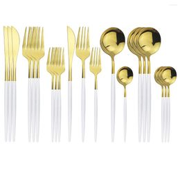 Dinnerware Sets 20Pcs White Gold Set Knives Fork Tea Spoon Cutlery Matte Dinner Stainless Steel Western Kitchen Tableware