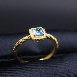 Cluster Rings 999 Pure 24K Yellow Gold Ring For Women Blue Cubic Zirconic Square Gemstone Engagement Sugar Twist Band 6-8 Size