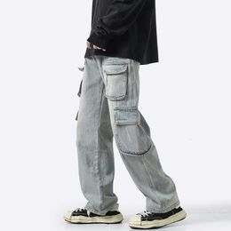 Men's Jeans DEEPTOWN Vintage Cargo Jeans for Men Loose Multi-pocket Denim Pants Distressed Straight Trousers Male Retro Streetwear Hip Hop 230802