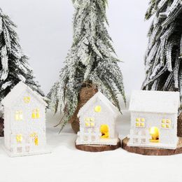 Christmas Decorations LED Light Wooden House White Snow Luminous Cabin Tree Hanging Ornament Glowing Castle Gift Year 2023