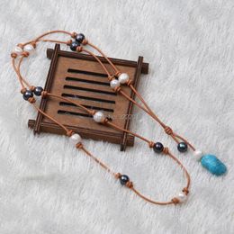 Pendant Necklaces Long Blue Stones Leather Necklace Drop Floating Charm Jewellery Women Handmade Beaded Sweater