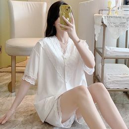 Women's Sleepwear Plus Size Pyjama Mujer Solid Satin Silk Set Short Sleeve Top Shorts Homewear Skin-Friendly Breathable Nightgown