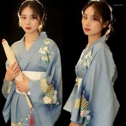 Ethnic Clothing Japanese Kimono Gown White Obi For Women Vintage Floral Print Geisha Dance Pography Yukata Costume Novelty Evening Dress
