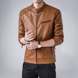 Men's Jackets 2023 Men Atumn Winter Stand Collar PU Leather Jacket Fashion Slim Trend Casual Lining Velvert Multiple Colours