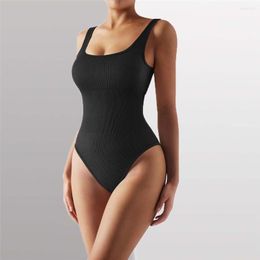 Active Sets Women Ribbed Sexy Bodysuit Square Neck Padded Tank Top Compression One Piece Bodysuits Yoga Set For Fitness Seamless Jumpsuits