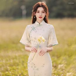 Ethnic Clothing 2023 Women Beige Long Cheongsam Loose Sleeve Summer Dress Floral Vintage Slim Comfortable Evening Wedding Dresses S To XXL