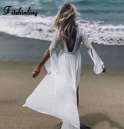 Fitshinling Backless v neck beach cover up swimwear lace splice split flare sleeve white long cardigan summer bikini outerwear9761374