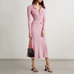 Basic Casual Dresses Women's pink knitted medium-length dress senior sense of fashion temperament polo collar waist-skimming long dress 230802