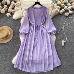 Casual Dresses Clothland Women Sweet Ruffle Chiffon Pleated Dress Sashes Long Sleeve A Line Summer Cute Midi Vestido QC697
